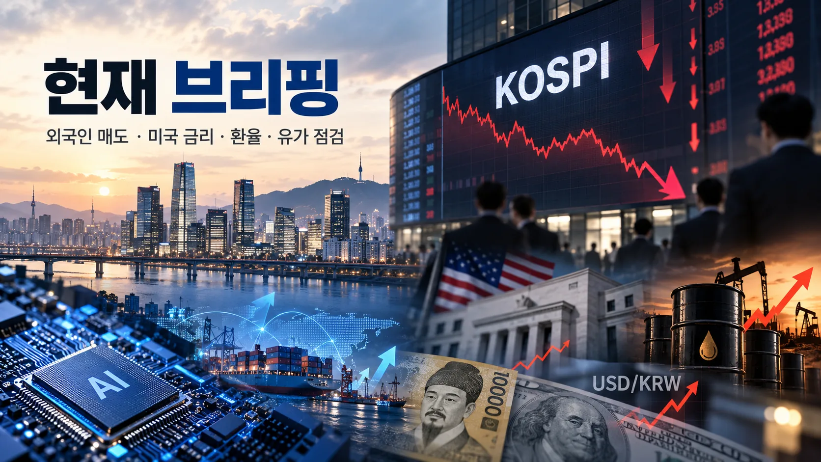 한국 증시와 금리, 환율, 유가를 함께 보여주는 현재 브리핑 이미지